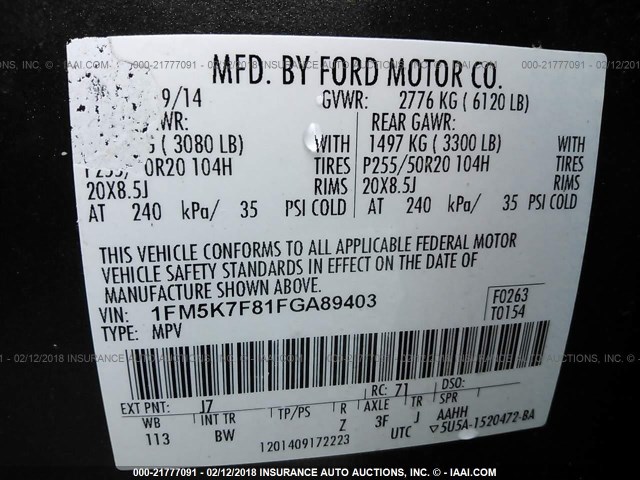 1FM5K7F81FGA89403 - 2015 FORD EXPLORER LIMITED 灰色 照片 9