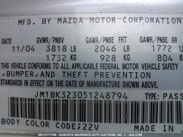 JM1BK323051248794 - 2005 MAZDA 3 S SILVER photo 9