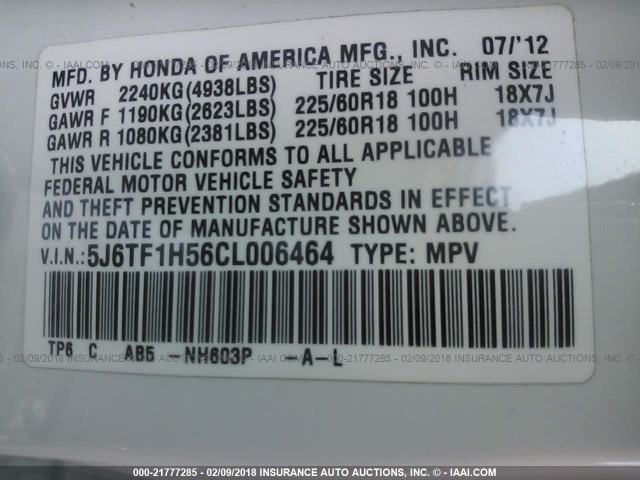 5J6TF1H56CL006464 - 2012 HONDA CROSSTOUR EXL თეთრი ფოტო 9