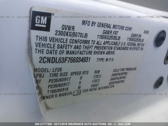 2CNDL63F766034931 - 2006 CHEVROLET EQUINOX LT WHITE photo 9