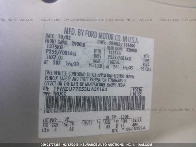 1FMZU77E53UA39164 - 2003 FORD EXPLORER SPORT TRAC  SILVER photo 9