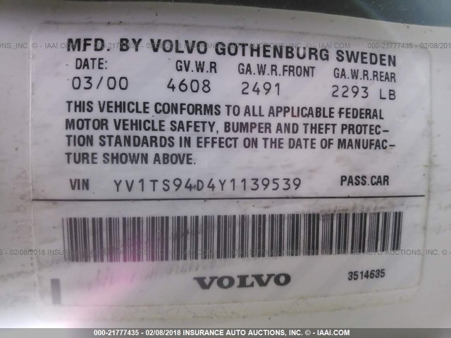 YV1TS94D4Y1139539 - 2000 VOLVO S80 WHITE photo 9