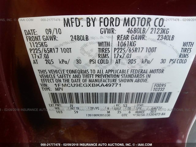 1FMCU9EGXBKA49771 - 2011 FORD ESCAPE LIMITED RED photo 9