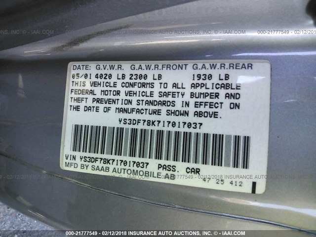 YS3DF78K717017037 - 2001 SAAB 9-3 SE GRAY photo 9