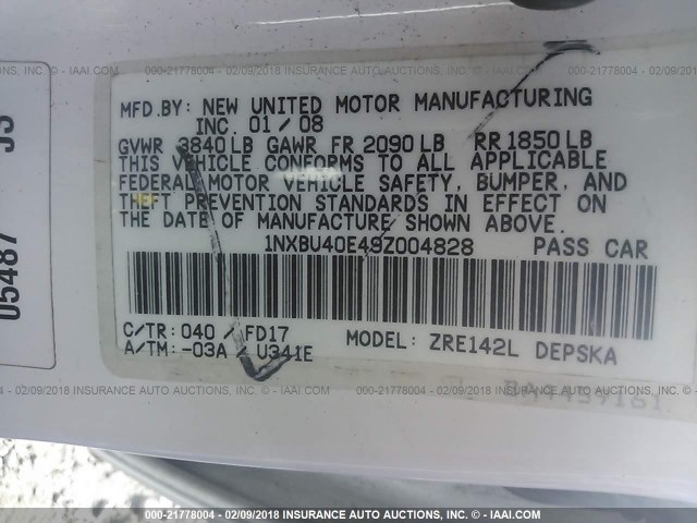 1NXBU40E49Z004828 - 2009 TOYOTA COROLLA S/LE/XLE WHITE photo 9