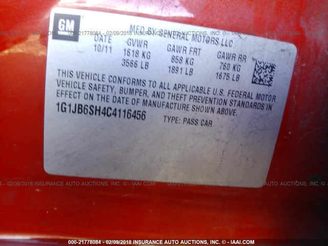 1G1JB6SH4C4116456 - 2012 CHEVROLET SONIC LS 橙色 照片 9