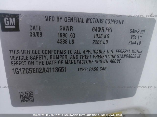 1G1ZC5E02A4113651 - 2010 CHEVROLET MALIBU 1LT 白色 照片 9