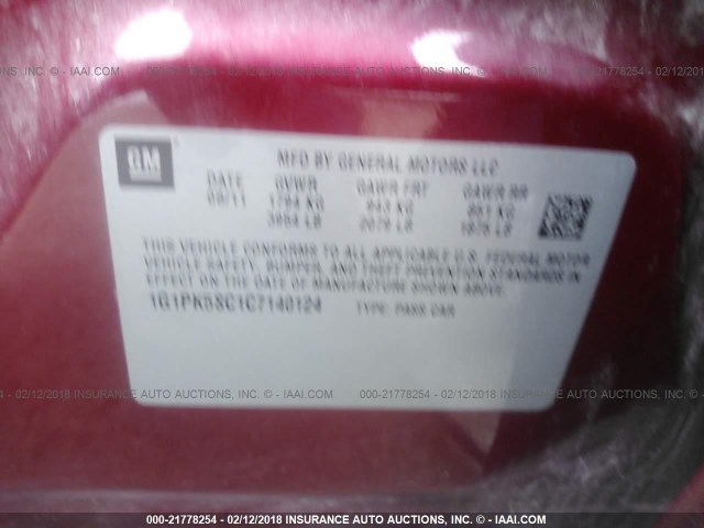 1G1PK5SC1C7140124 - 2012 CHEVROLET CRUZE ECO MAROON photo 9