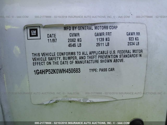 1G4HP52K0WH450683 - 1998 BUICK LESABRE CUSTOM WHITE photo 9