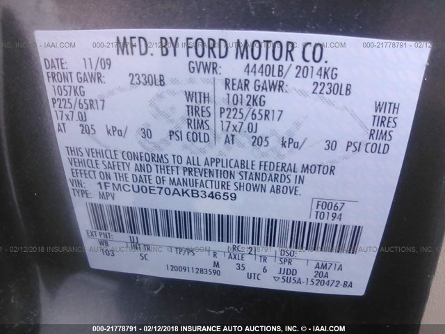 1FMCU0E70AKB34659 - 2010 FORD ESCAPE LIMITED GRAY photo 9