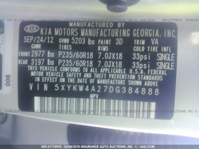 5XYKW4A27DG384888 - 2013 KIA SORENTO SX SILVER photo 9