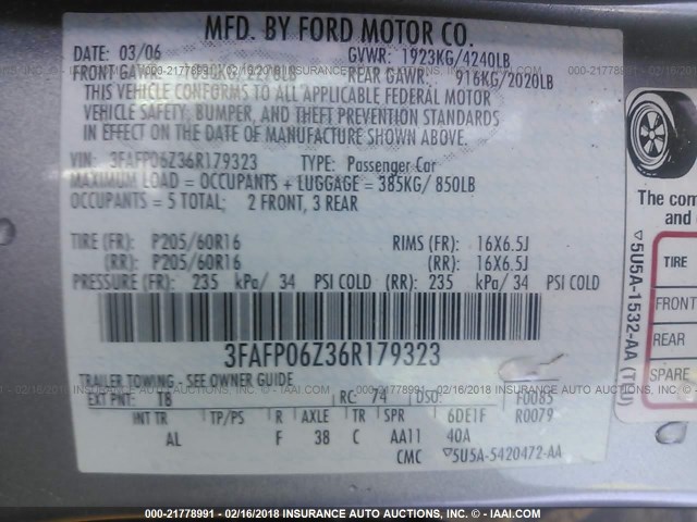 3FAFP06Z36R179323 - 2006 FORD FUSION S SILVER photo 9