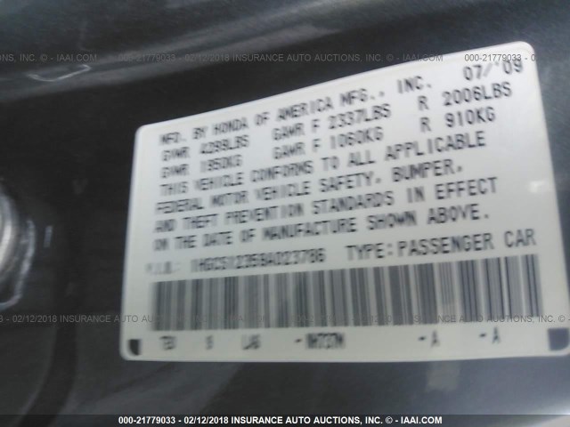 1HGCS12359A023786 - 2009 HONDA ACCORD LX GRAY photo 9