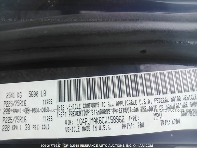 1C4PJMAK6CW158962 - 2012 JEEP LIBERTY SPORT 蓝色 照片 9