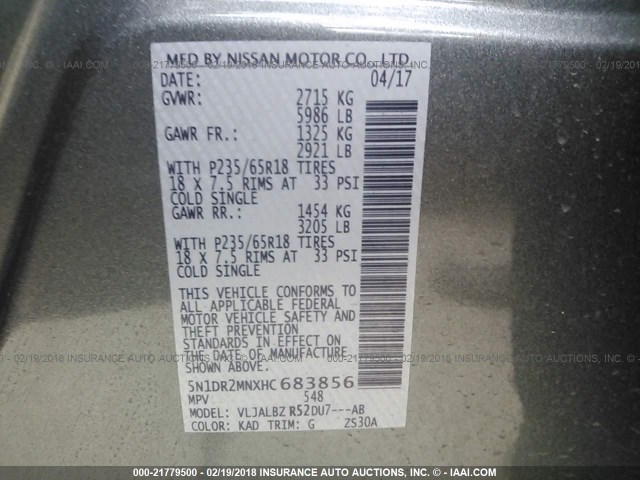 5N1DR2MNXHC683856 - 2017 NISSAN PATHFINDER S/SV/SL/PLATINUM 灰色 照片 9