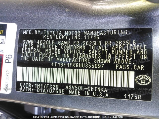 4T1BF1FK8HU355097 - 2017 TOYOTA CAMRY LE/XLE/SE/XSE GRAY photo 9