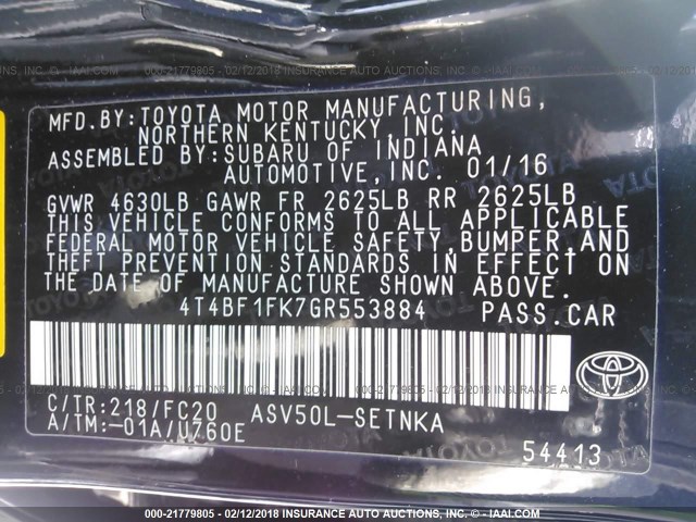 4T4BF1FK7GR553884 - 2016 TOYOTA CAMRY LE/XLE/SE/XSE BLACK photo 9