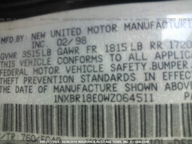 1NXBR18E0WZ064511 - 1998 TOYOTA COROLLA VE/CE/LE 蓝色 照片 9