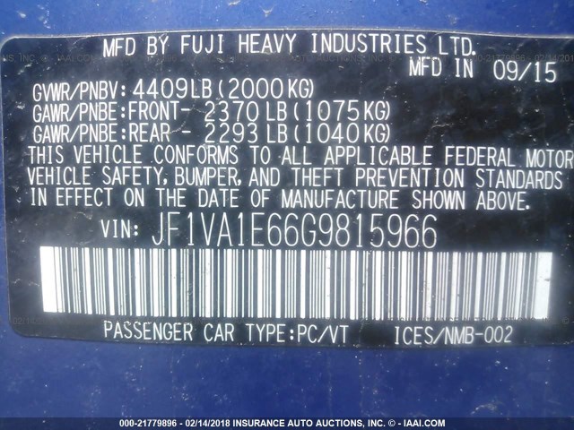 JF1VA1E66G9815966 - 2016 SUBARU WRX PREMIUM BLUE photo 9