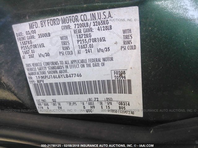 1FMPU16L6YLB47746 - 2000 FORD EXPEDITION XLT GREEN photo 9
