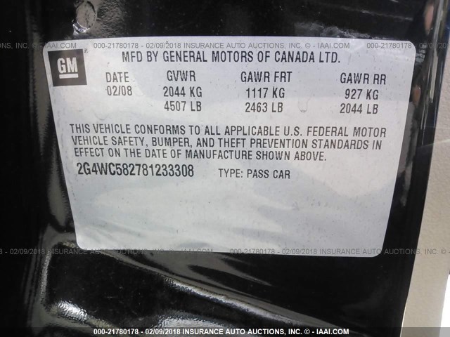 2G4WC582781233308 - 2008 BUICK LACROSSE CX BLACK photo 9