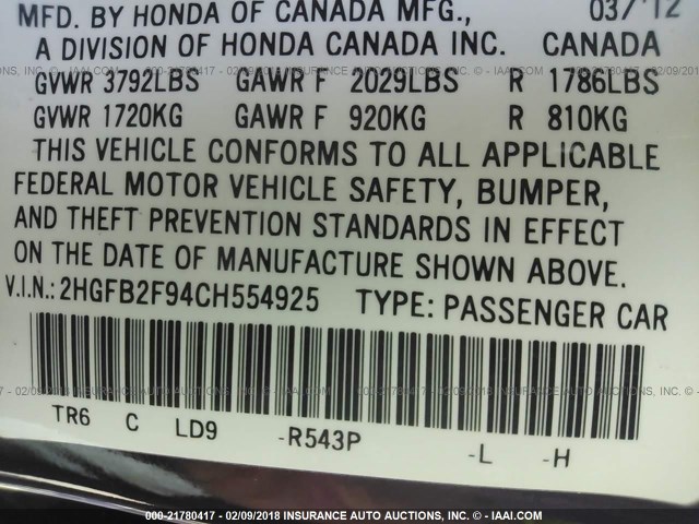 2HGFB2F94CH554925 - 2012 HONDA CIVIC EXL MAROON photo 9