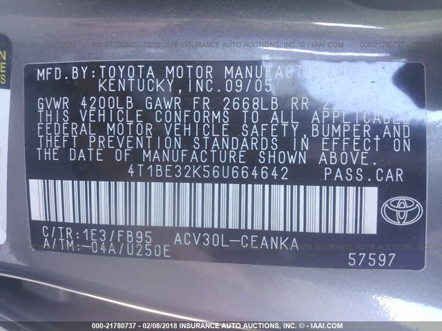 4T1BE32K56U664642 - 2006 TOYOTA CAMRY LE/XLE/SE 灰色 照片 9
