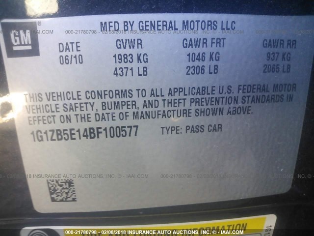 1G1ZB5E14BF100577 - 2011 CHEVROLET MALIBU LS შავი ფოტო 9