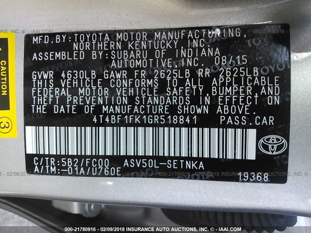 4T4BF1FK1GR518841 - 2016 TOYOTA CAMRY LE/XLE/SE/XSE Gold Foto 9