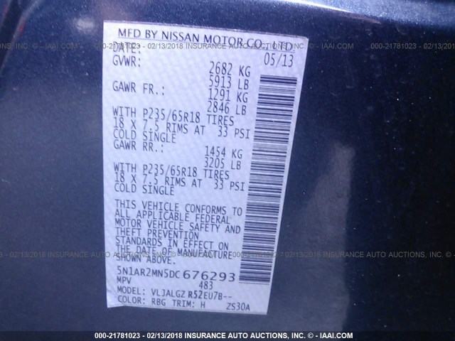 5N1AR2MN5DC676293 - 2013 NISSAN PATHFINDER S/SV/SL/PLATINUM 蓝色 照片 9