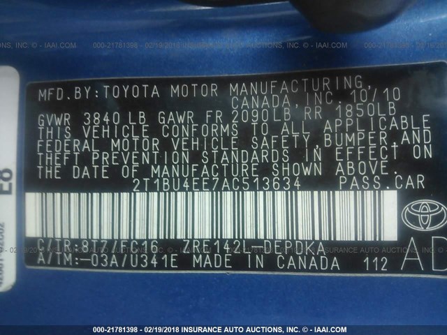 2T1BU4EE7AC513634 - 2010 TOYOTA COROLLA S/LE/XLE BLUE photo 9