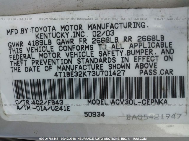 4T1BE32K73U701427 - 2003 TOYOTA CAMRY LE/XLE/SE ოქროსფერი ფოტო 9