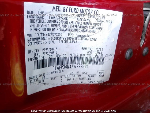 1FAFP34N47W222325 - 2007 FORD FOCUS ZX4/S/SE/SES RED photo 9