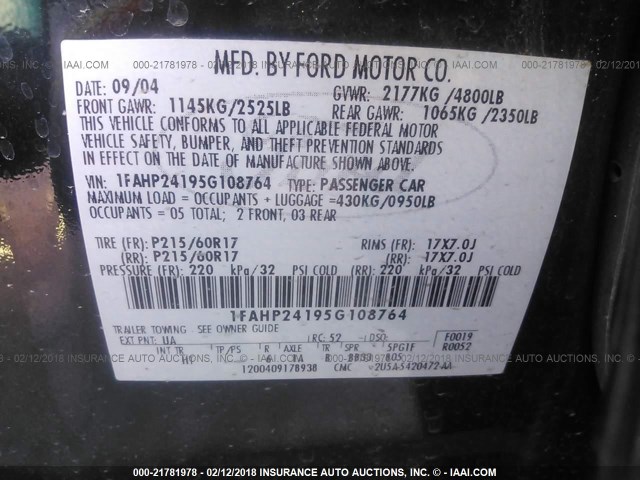 1FAHP24195G108764 - 2005 FORD FIVE HUNDRED SEL BLACK photo 9