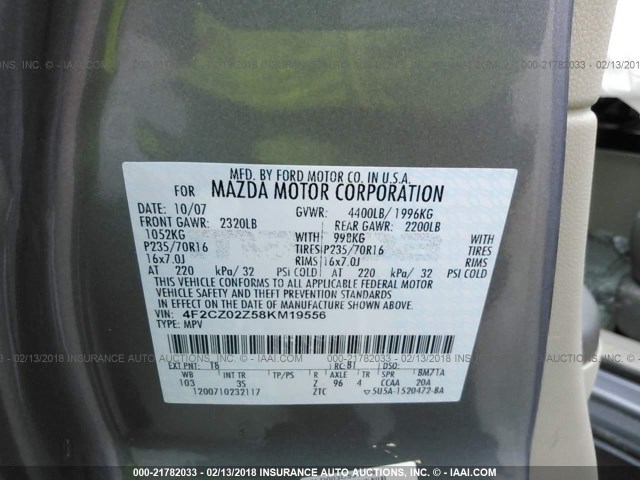 4F2CZ02Z58KM19556 - 2008 MAZDA TRIBUTE I GRAY photo 9