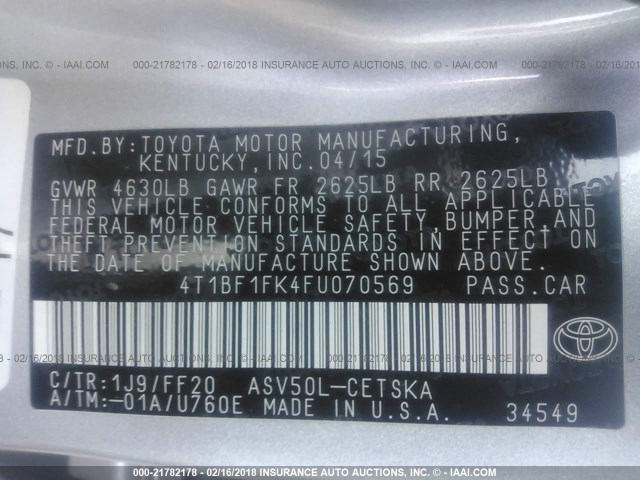 4T1BF1FK4FU070569 - 2015 TOYOTA CAMRY LE/XLE/SE/XSE Silber Foto 9