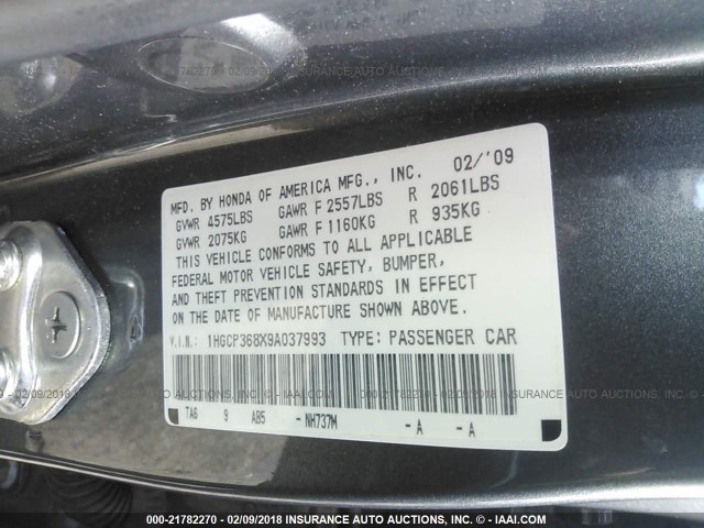 1HGCP368X9A037993 - 2009 HONDA ACCORD EXL GRAY photo 9