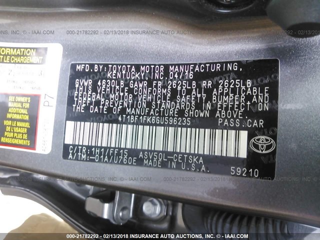 4T1BF1FK6GU596235 - 2016 TOYOTA CAMRY LE/XLE/SE/XSE GRAY photo 9