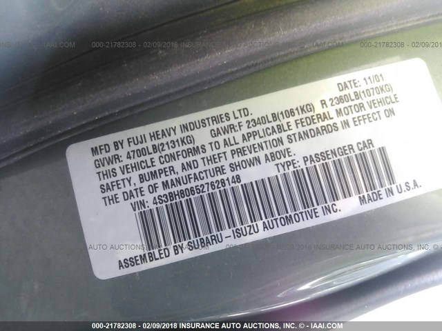 4S3BH806527628148 - 2002 SUBARU LEGACY OUTBACK H6 3.0 LL BEAN 绿色 照片 9