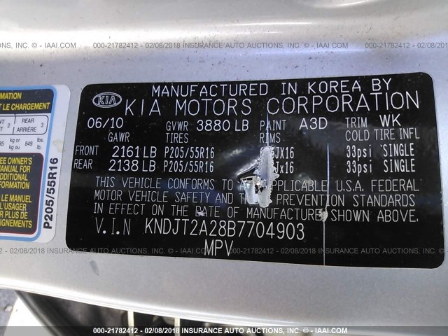 KNDJT2A28B7704903 - 2011 KIA SOUL +/!/SPORT SILVER photo 9