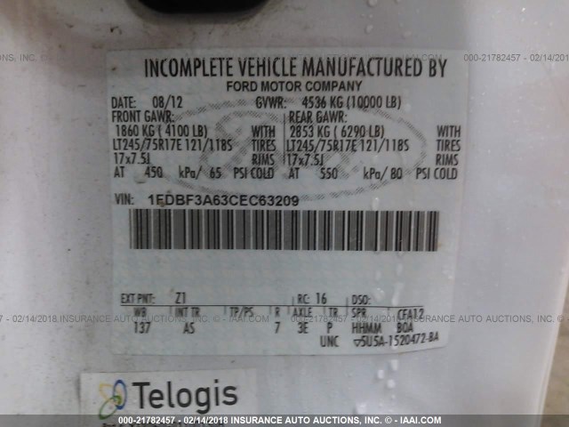 1FDBF3A63CEC63209 - 2012 FORD F350 WHITE photo 9