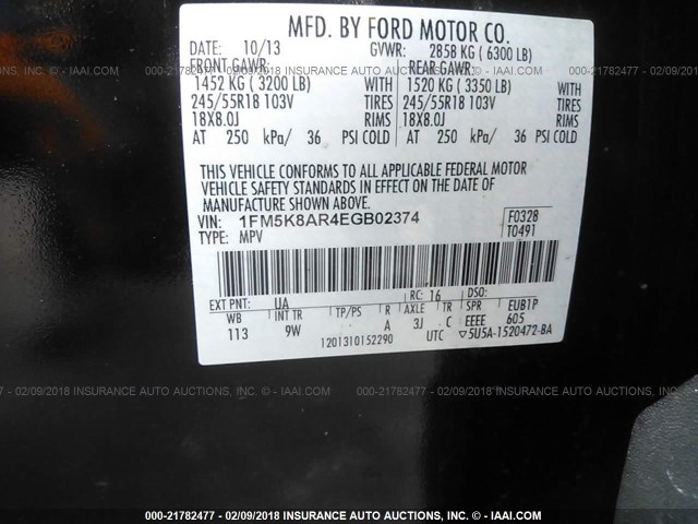 1FM5K8AR4EGB02374 - 2014 FORD EXPLORER POLICE INTERCEPTOR BLACK photo 9