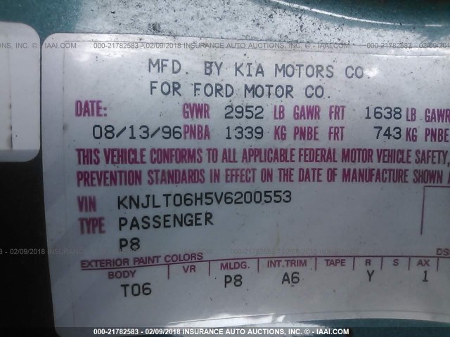 KNJLT06H5V6200553 - 1997 FORD ASPIRE GREEN photo 9