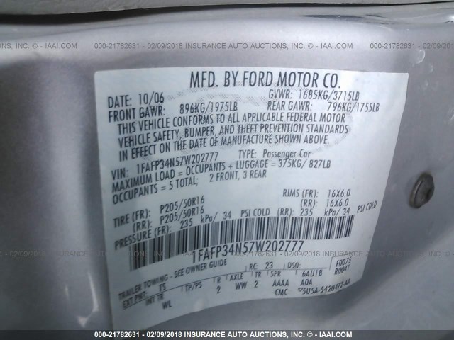 1FAFP34N57W202777 - 2007 FORD FOCUS ZX4/S/SE/SES SILVER photo 9