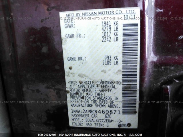 1N4AL2AP8CN469871 - 2012 NISSAN ALTIMA S RED photo 9