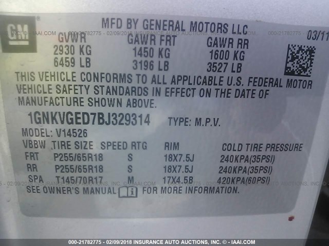 1GNKVGED7BJ329314 - 2011 CHEVROLET TRAVERSE LT SILVER photo 9