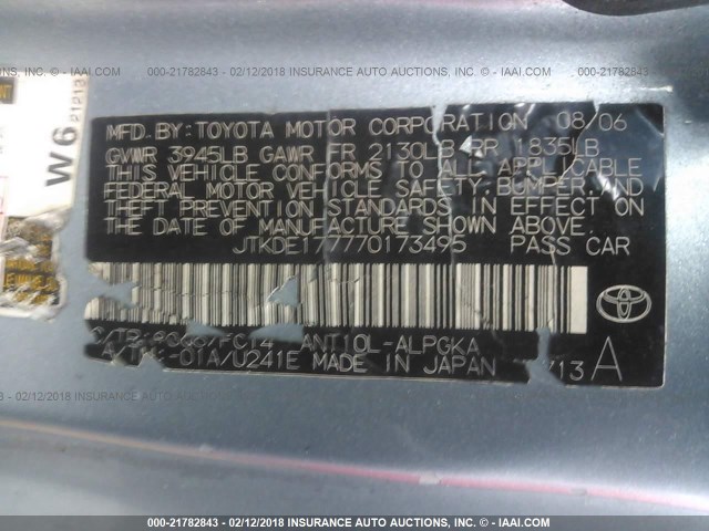 JTKDE177770173495 - 2007 TOYOTA SCION TC 蓝色 照片 9