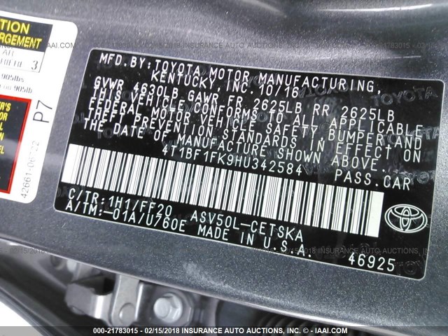 4T1BF1FK9HU342584 - 2017 TOYOTA CAMRY LE/XLE/SE/XSE GRAY photo 9