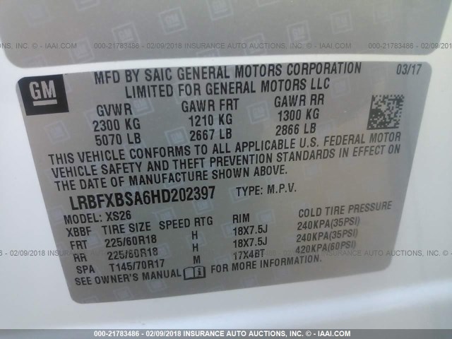 LRBFXBSA6HD202397 - 2017 BUICK ENVISION ESSENCE Սպիտակ լուսանկար 9