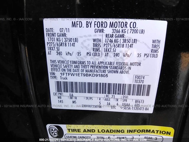 1FTFW1ET9BKD91805 - 2011 FORD F150 SUPERCREW BLACK photo 9